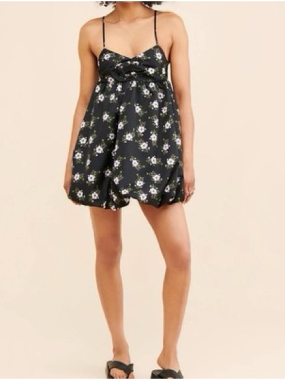 Free People Bubble Mini Dress Black Floral Print Spaghetti Strap Sz XL